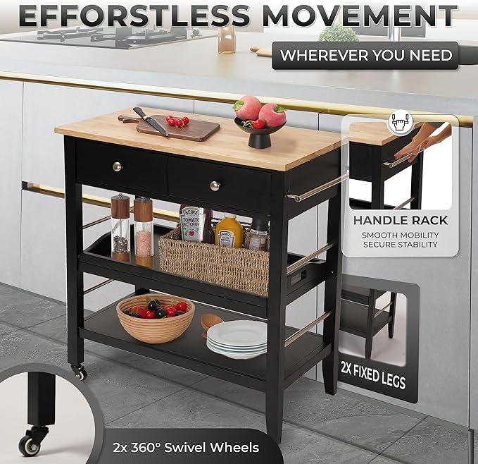 Rolling Kitchen Island Cart, Black Kitchen Cart with Rubberwood Top, Ample Storage Drawers, Adjustable Shelves, Utility Cart with Wheels for Small Kitchens, 35” Height