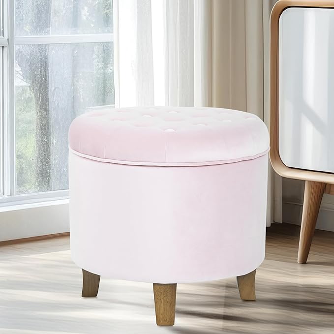 Homepop Home Decor | Upholstered Round Velvet Tufted Foot Rest Ottoman | Ottoman with Storage for Living Room & Bedroom | Decorative Home Furniture, Pink Blush Small