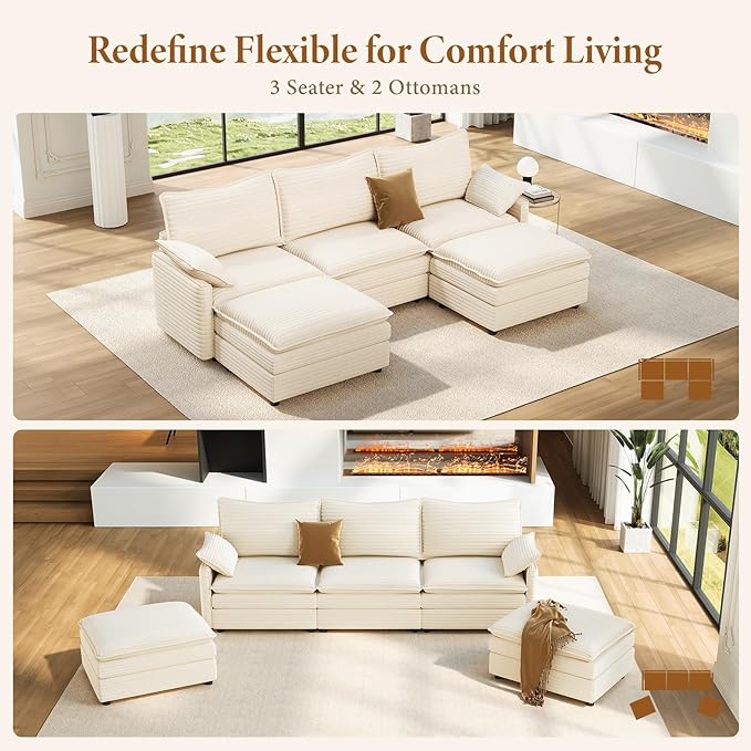Vesgantti 108" U Shaped Sectional Couch, Comfy Cloud Modular Sectional Sofa with 2 Ottoman Deep Seat Corduroy Modern Cloud Sofa, Modular Sofas for Living Room, Bedroom and Apartment, Beige