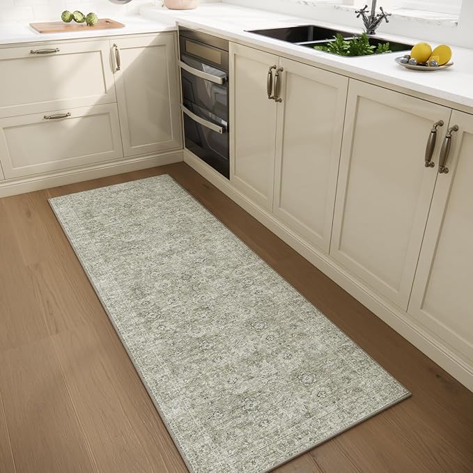 2'x6' Washable Runner Rug Utral Soft Lightweight Vintage Boho Distressed Non-Slip Backing,Low Pile Stain Resistant Farmhouse Rug for High-Traffic Hallway, Kitchen & Laundry