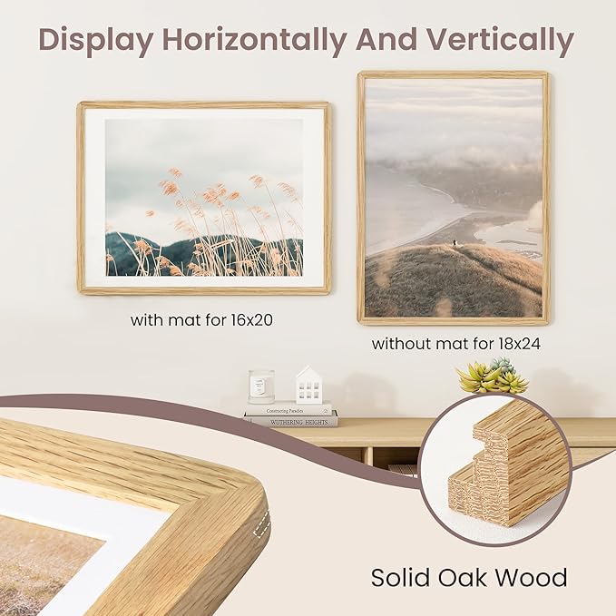 18 x 24 Poster Frame - Solid Oak Wood 24x18 Frame, 18 x 24 Picture Frame With Mat For 16x20, Tempered Glass and Hanging Hardware Included, Puzzle Frame 18''x24'' Wood, Natural Oak