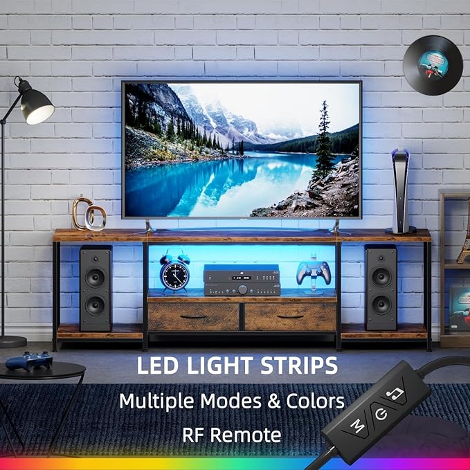 LED TV Stand for 75 70 Inch TV with Fabric Drawers LED Entertainment Center Television Stands with Storage Shelves for Living Room, Bedroom, TV Console Table 63" Rustic Brown