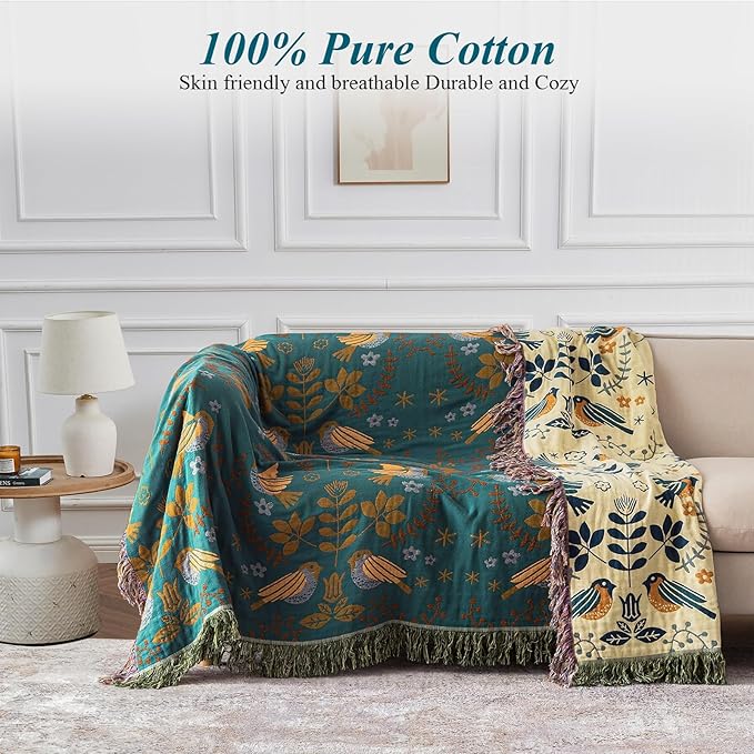 Boho Throw Blanket for Bed-100% Cotton Soft Breathable Farmhouse Decor Boho Quilt for Sofa Bed (Green Floral Bird, 60"x80")