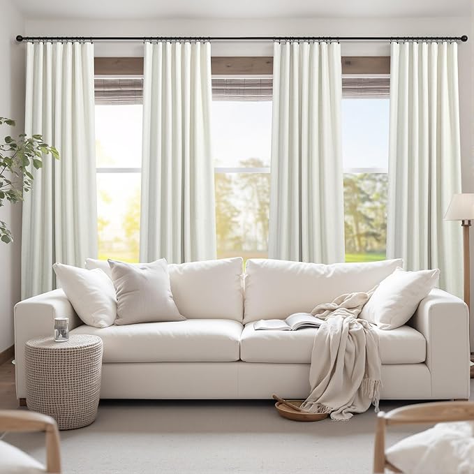 Natural Linen Blackout Curtains 84 Inch Length 2 Panels for Bedroom Living Room Darkening 100% Black Out Ivory Cream Curtain with White Back Tab Modern Farmhouse Thermal Insulated Boho Drapes 7ft Long