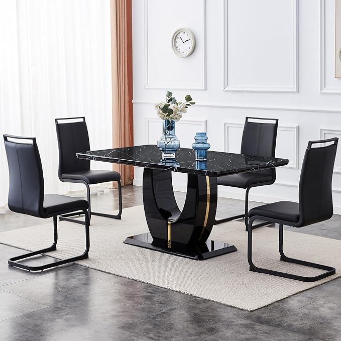 Dining Table Set for 6, Kitchen Table Chairs Set of 6, Modern Dining Room Set with 63 inch Marble Dinner Table PU Leather Upholstered Chairs for Dining Room Kitchen