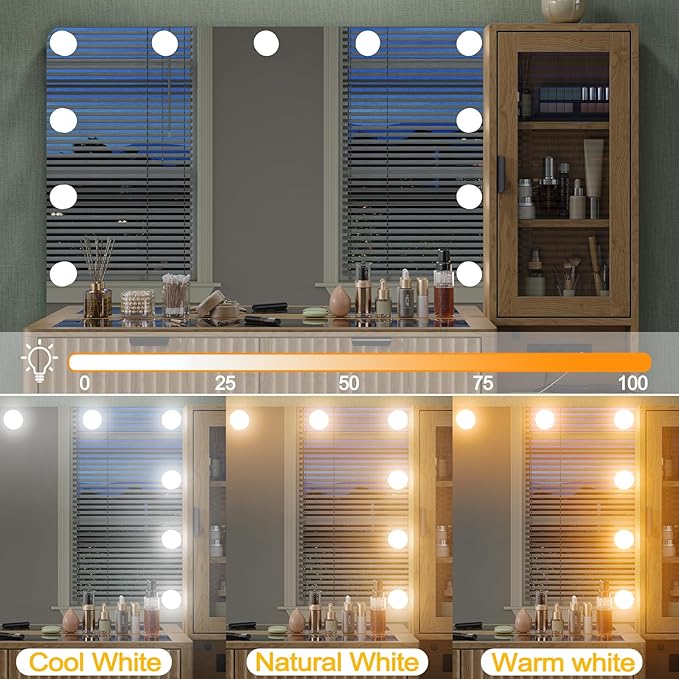 Vanity Desk with Mirror and Lights, 11 LED Lights Fluted Makeup Vanity Desk, 48" Big Modern Vanity Desk with 5 Drawers and Storage Shelves & Power Outlet, Glass Top for Bedroom, Oak