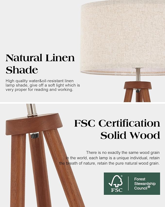ELYONA Wood Tripod Floor Lamps for Bedroom, Vintage Standing Light 3 Color Temperatures LED Bulb Included & Beige Linen Shade, Tall Floor Lamp for Living Room Office Study Room, Brown & Nickel Metal