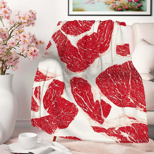 Funny Throw Blanket, Funny Realistic Food Blanket, Beef Printed Gift for Men Women, Lightweight Fleece for Sofa, Bedroom, Home Decor, 50x60 Inches