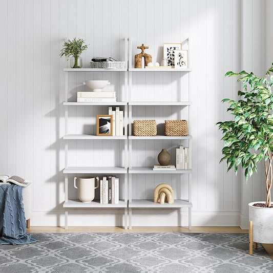 Nathan James Theo 5-Shelf Modern Bookcase, Open Wall Mount Ladder Bookshelf with Industrial Metal Frame, White, Set of 2