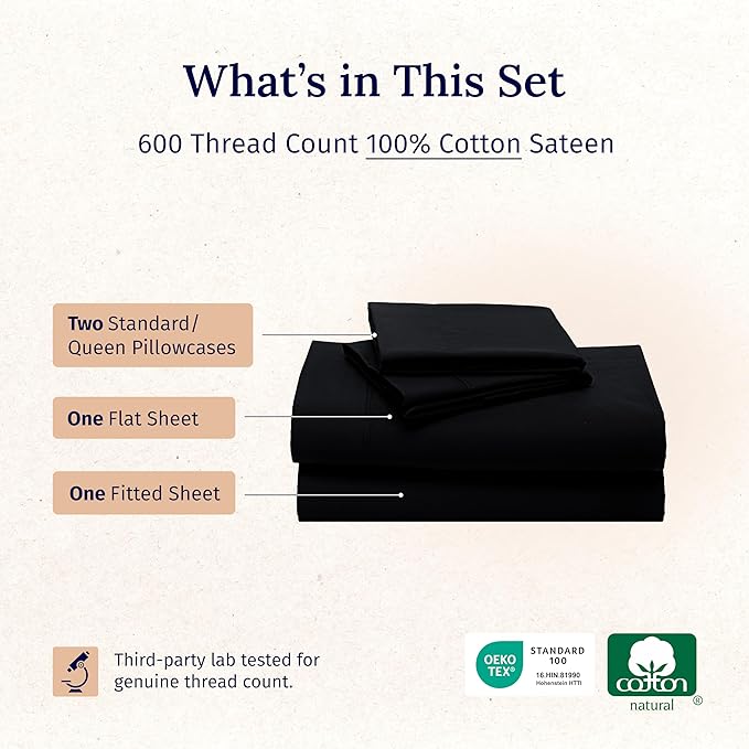 California Design Den Queen Sheet Set - Luxury 600 Thread Count Sateen, Natural 100% Cotton Sheets Queen, Fully Elasticized Deep Pockets, Crisp, Cool and Durable Hotel Quality Bedding - Black