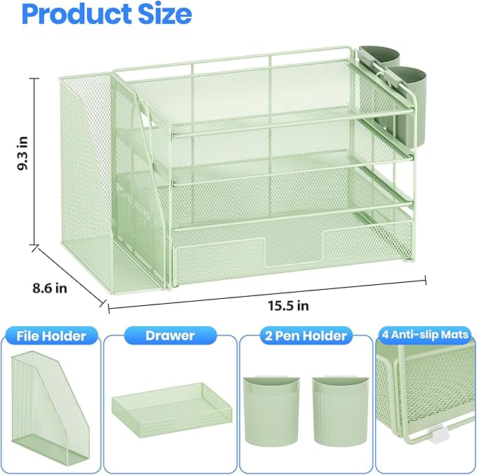 Desk Organizer and Accessories, 4-Tier Desktop File Organizer with Drawer and 2 Pen Holders, Office Desk Accessories for Office Supplies(Green)