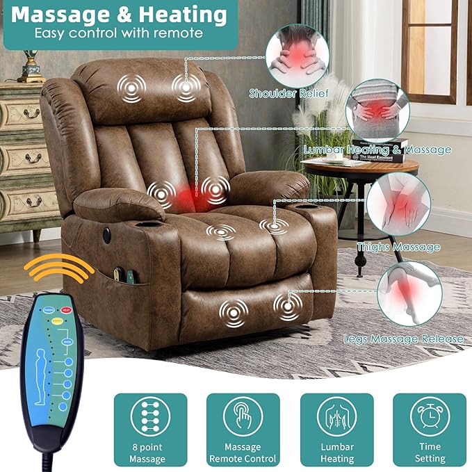 MEETWARM Large Power Lift Electric Recliner Chair with Extended Footrest for Big Tall Man, Overstuffed Wide Recliner with Massage and Heat, 2 Remote Controls/USB Ports/4 Side Pockets(Brown)