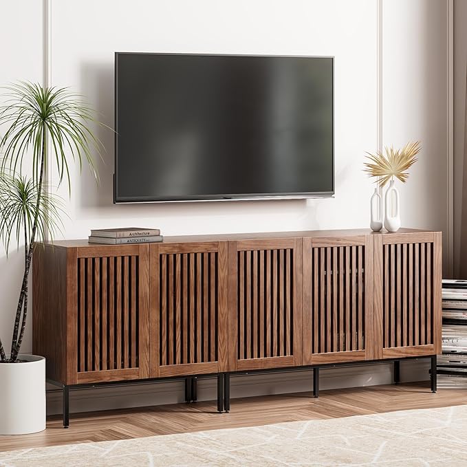 Farmhouse TV Stand for TVs up to 85 inch, 2 in 1 Entertainment Center TV Console with Metal Base & Storage Cabinets,Media Console for Living Room, Dark Brown