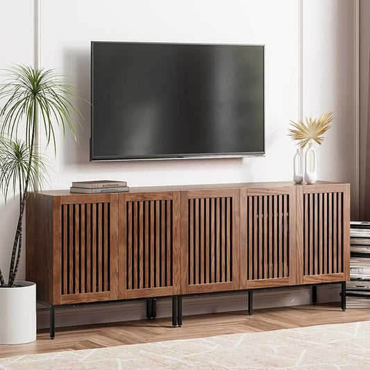 Farmhouse TV Stand for TVs up to 85 inch, 2 in 1 Entertainment Center TV Console with Metal Base & Storage Cabinets,Media Console for Living Room, Dark Brown