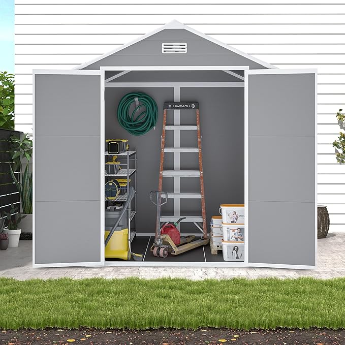 6' x 5' Resin Storage Shed Outdoor, PP Material & Strong Structure for All Weather, Plastic Garden Shed w/Window for Garden, Backyard, Poolside and Lawn, 12mm Thick PP Board - Grey