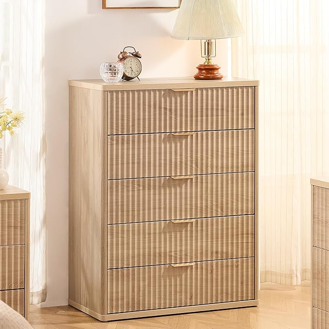 LEYAOYAO Fluted 5 Drawers Dresser for Bedroom, 41" Tall Modern Chest of Drawers with Metal Handle, Curved Profile Design,Natural Wood Drawer Organizer for Bedroom, Living Room, Hallway, Entryway