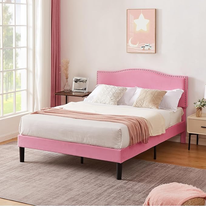 VECELO Queen Bed Frame Platform Bed Frame with Upholstered Headboard, Strong Frame and Wooden Slats Support, Strong Weight Capacity, Non-Slip and Noise-Free, Easy Assembly,Pink
