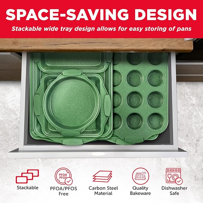 BAKKEN Kitchen Baking Pan Set - Nonstick Green Marble Coating, Carbon Steel Bakeware Sets with Green Silicone Handles, Kitchen Essentials, PFOA, PFOS, PTFE Free, Oven Safe (Up To 450° F), Set of 18