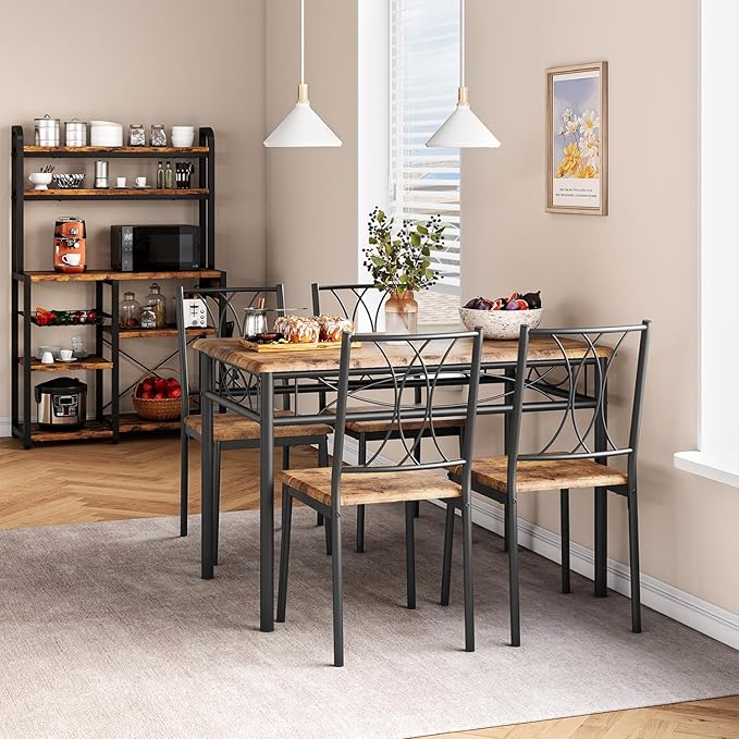 Dining Table Set for 4, Compact Kitchen Table and 4 Chairs, 5-Piece Kitchen Table Set, Space-Saving Design for Small Space, Dining Room, Apartment, Retro Brown