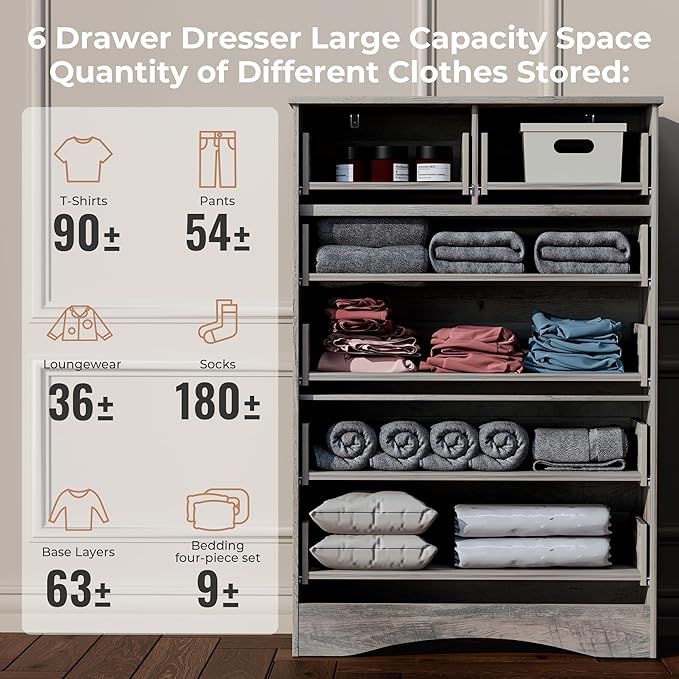 48'' Tall Grey Dresser with 6 Drawers Chest of Drawers for Bedroom, Large Storage Organizer for Clothes, for Living Room, Bedroom, Hallway, Taupe Grey