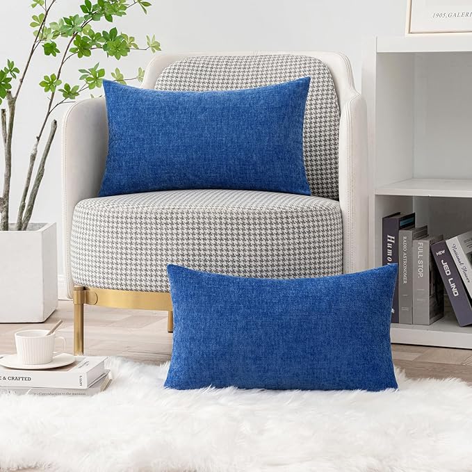 MIULEE Pack of 2 Couch Throw Pillow Covers 12x20 Inch Soft Royal Blue Chenille Pillow Covers for Sofa Living Room Solid Dyed Pillow Cases