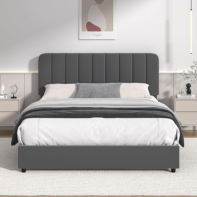 VECELO Queen Size Upholstered Bed Frame with 4 Drawers and Headboard, Velvet Platform Storage Bedframe, Wooden Slats Support, No Box Spring Needed,Dark Grey