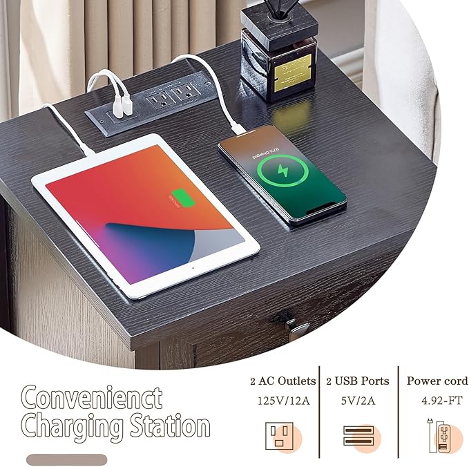 LIDYUK 3 Drawer Black Dresser for Bedroom Farmhouse Dresser Chest of Drawers, 25" Tall Nightstand with Charging Station Chest of Drawers for Bedroom, Living Room