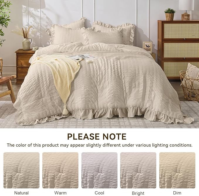 JOLLYVOGUE Beige Queen Comforter Set, 3 Pieces Seersucker Comforters Queen Size, Lightweight & Fluffy Bedding Sets Queen for All Season with 1 Ruffle Comforter and 2 Ruffle Pillowshams