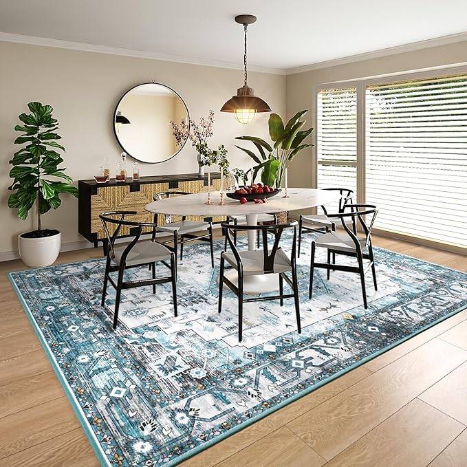 8x10 Area Rugs for Living Room, Non Slip Large Vintage Floral Rug for Bedroom Dining Room Farmhouse Classroom Kids Playroom Home Decor,Blue