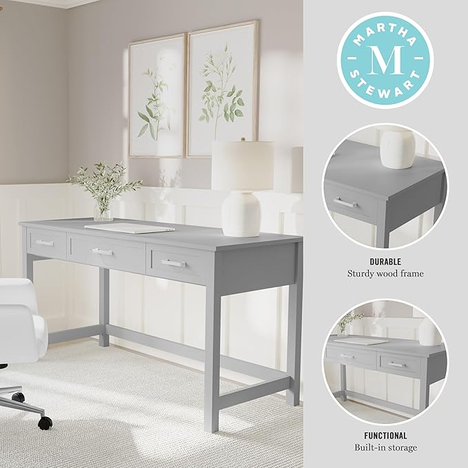 Martha Stewart Hutton Shaker Style Home Office Desk with 3 Drawers in Gray with Brushed Nickel Hardware