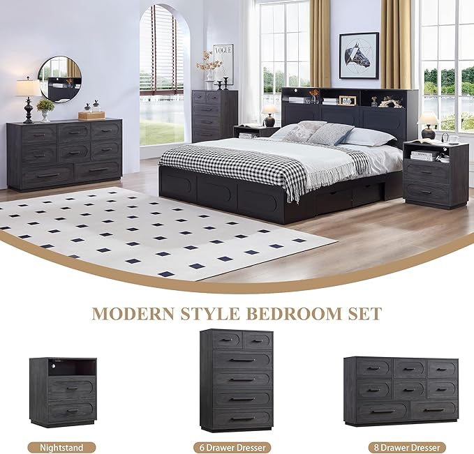 Night Stand Set of 2 with Charging Station, 25.8" Tall Wide Wood End Table with 2 Storage Drawers and Open Shelf, Mid Century Modern Bedside Table for Bedroom, Living Room, Gray