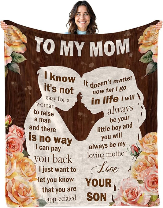 Gifts for Mom from Son, I Love You Mom Blanket, Gifts for Mothers Day, Soft Flannel Blanket for Mother for Birthday Mothers Day 50" x 60"