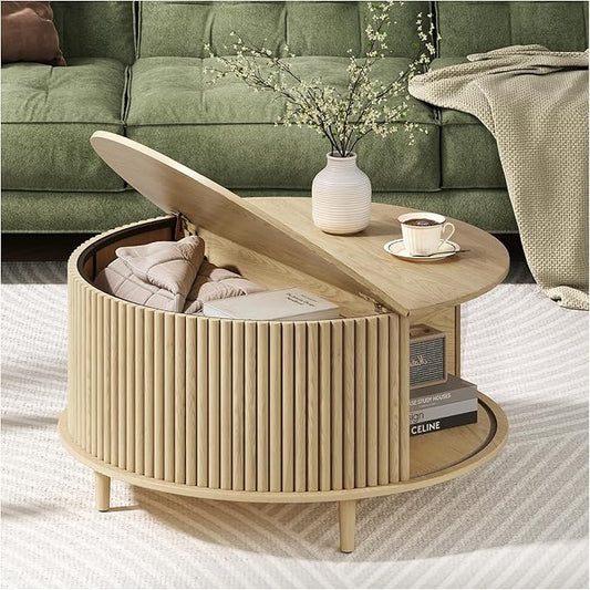 Round Coffee Table with Storage, Mid Century Modern Center Table with Sliding Cabinet Door, Fluted Dining Table for Living Room, Home Small Space, 31.5", Oak