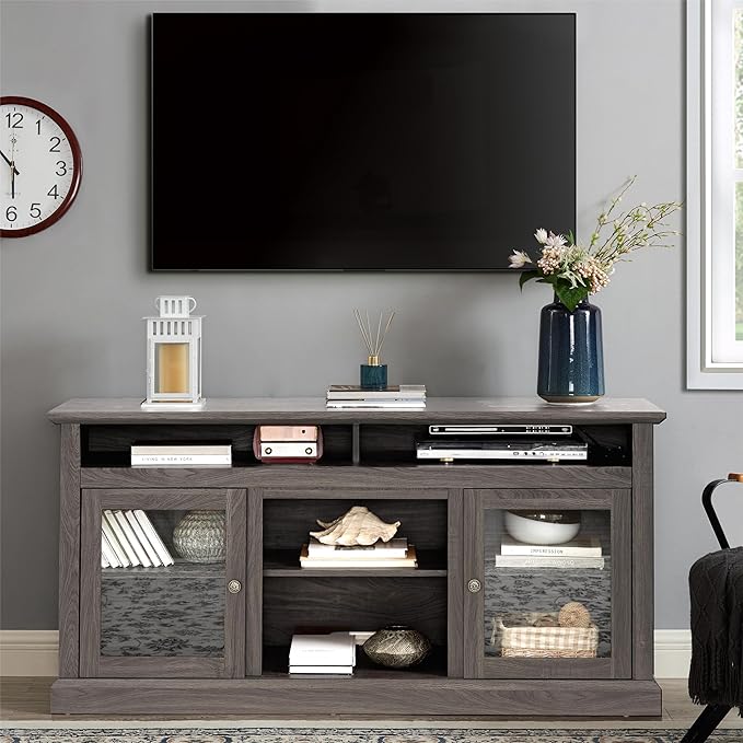 HMFULE 60" Farmhouse TV Stand for 60 65 Inch Television, Entertainment Center with 2 Storage Cabinets Glass Doors & Adjustable Shelves, Rustic Media Console Furniture for Living Room (Dark Walnut)