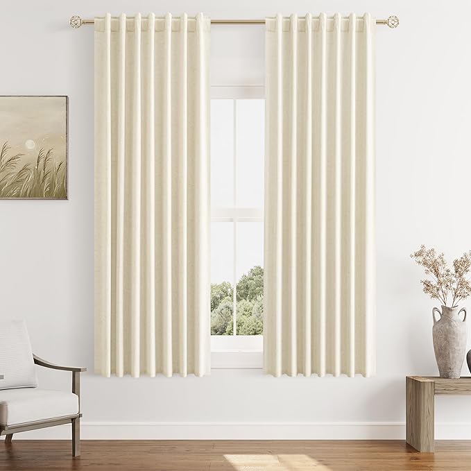 Guken Blackout Curtains 63 Inch Length 2 Panels Set for Living Room Bedroom Back Tab Thermal Insulated 100% Black Out Linen Drapes Room Darkening Window Curtains 63 Inches Long,Warm Beige