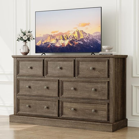 Farmhouse 7 Drawer Dresser for Bedroom, 55" Wide Wood Rustic Chest of Drawers for Bedroom, Storage Dressers Clothes Organizer for Closet, Living Room, Hallway, Dining Room(Rustic Brown)