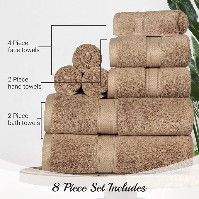 Superior Egyptian Cotton Pile 8 Piece Towel Set, Includes 2 Bath, 2 Hand, 4 Face Towels/Washcloths, Ultra Soft Luxury Towels, Thick Plush Essentials, Guest Bath, Spa, Hotel Bathroom, Latte