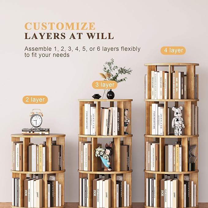 4-Tier Rotating Bookshelf, 360° Spinning Stackable Bookcase, Freestanding Bookshelf for Home Office Study Room Bedroom Living Room