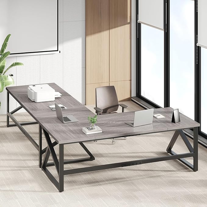 IBF 70 Inch Large Home Office Desk, Industrial Long Executive Work Writing Study Computer Table, Farmhouse Big Metal Wood Double Desk for Bedroom Living Room, Rustic Dual Monitor Desk, Light Grey