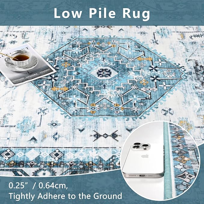 Large Washable 6x9 Area Rug, Blue Vintage Floral Rugs for Living Room, Non Slip Low Pile Carpet for Bedroom Dining Room, Thin Indoor Carpet for Office Classroom