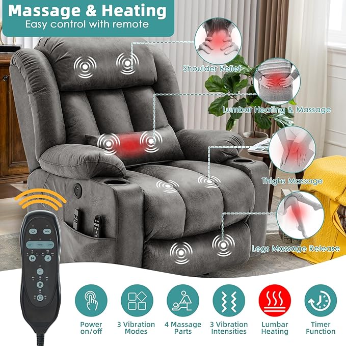 MEETWARM Oversized Dual Motor Lay Flat Power Lift Recliner Chair for Big Elderly with Heat Massage, Large Sleeping Electric Recliner with Extended Footrest, Lumbar Pillow, USB & Type-C Ports, Gray