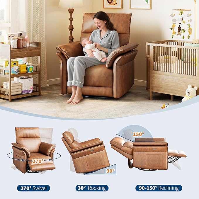GarveeHome Power Recliner Chair Swivel Glider Upholstered Faux Leather Nursery Rocker Reclining Sofa Chair with Charging Port, Curved Armrests & Padded Backrest (Orange)