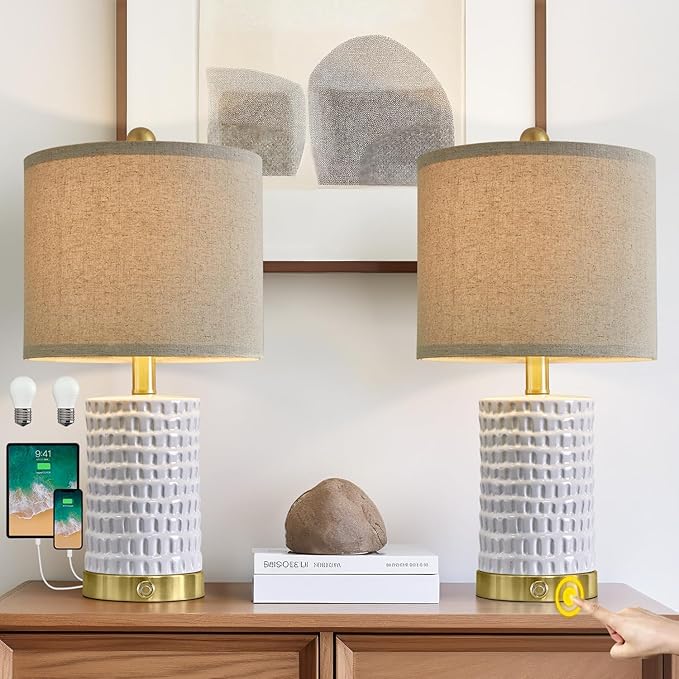 PORTRES 19" Farmhouse 3-Way Dimmable Touch Ceramic Table Lamp Set of 2 White Bedside Lamps for Bedroom Lamps for Living Room Nightstand Lamp End Table lamps with USB A+C Charging Ports(Bulbs Included)