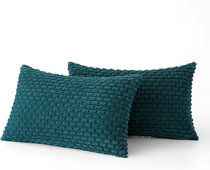MIULEE Throw Pillow Covers Soft Corduroy Decorative Set of 2 Boho Striped Pillow Covers Pillowcases Farmhouse Home Decor for Couch Bed Sofa Living Room 12x20 Inch Teal Blue