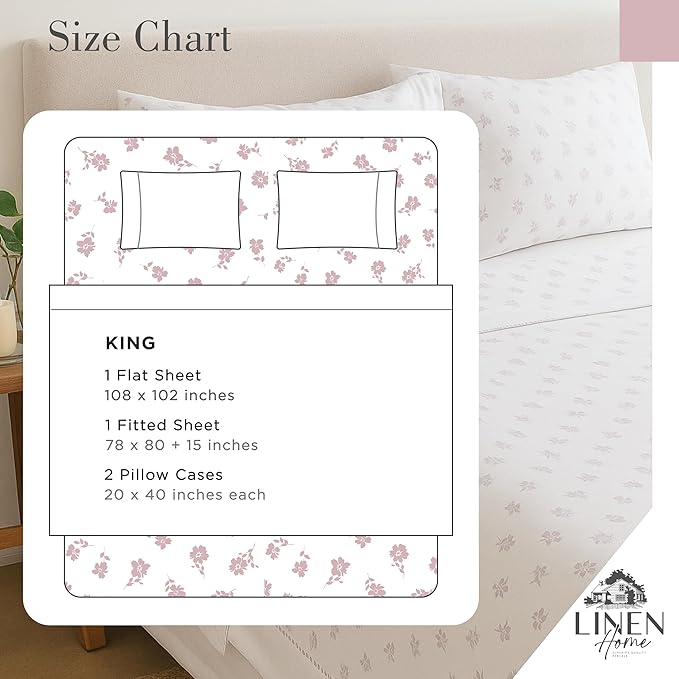 Linen Home 100% Cotton Printed Percale Sheets King Size, Deep Pocket, 4 Pieces Set - 1 Flat, 1 Deep Pocket Fitted Sheet and 2 Pillowcases, Crisp Cool and Strong Bed Linen, Mauve Silhouette Floral