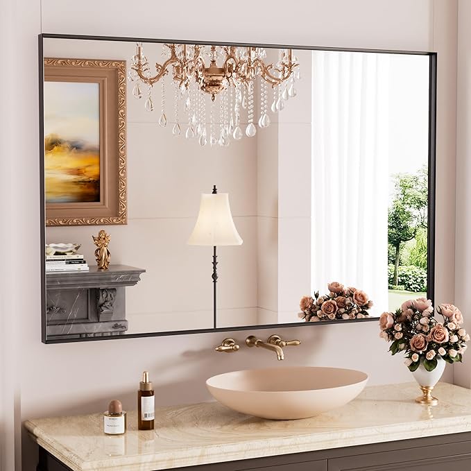 Bathroom Mirror Black,55x36 Inch Large Matte Black Bathroom Vanity Mirror,Rectangle, Square Corner, Anti-Rust,Shatter-Proof, Bedroom, Living Room, Entryway, Wall-Mounted(Horizontal/Vertical)