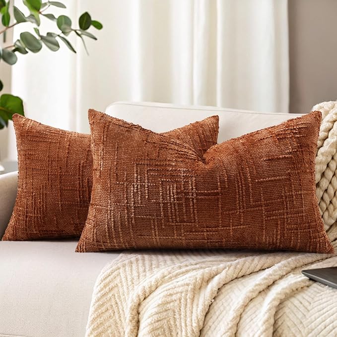 decorUhome Fall Rust Chenille Throw Pillow Covers 12x20 Set of 2 Thick Textured Slubby Couch Pillow Covers Farmhouse Accent Modern Neutral Decorative Pillow Cases for Bed Sofa Living Room