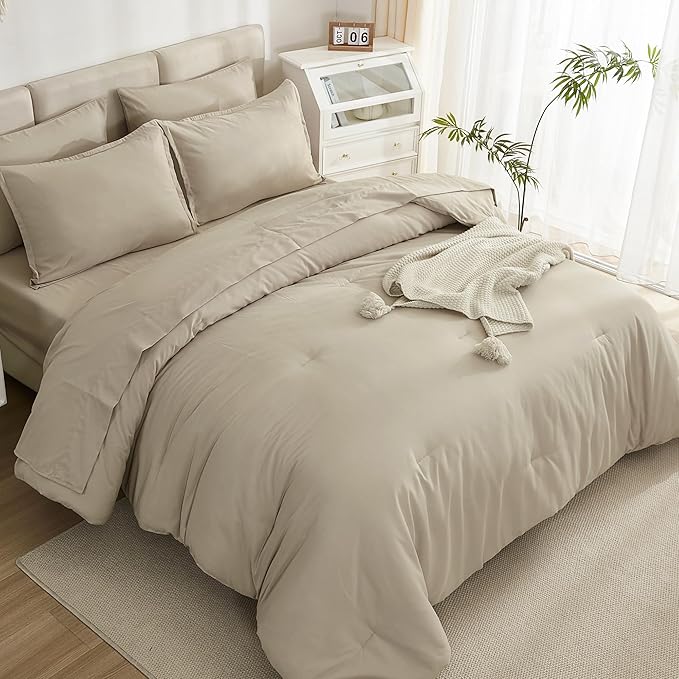 Litanika Comforter King Size Set Khaki - 7 Pieces Bed in a Bag King Bedding Comforter Sets, Plain Lightweight Bed Set with Comforter, Sheets, Pillowcases & Shams