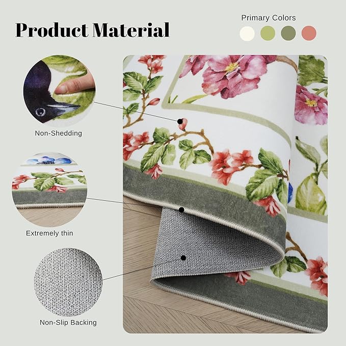 Bedroom Rug 3x5 Rug Washable Area Rug Non Slip Low Pile Floral Bird Magpies Animal Small Carpet for Bedroom, Bedside, Kitchen, Entryway, Kids Room, Office, College Dorm Essentials for Girls