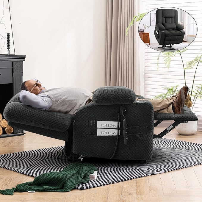 Large Dual Motor Lay Flat Power Lift Recliner Chair, Massage Recliner Chairs with Heat, Lumbar Pillow, USB & Type-C Ports, Oversized Recliner for Big & Elderly People for Living Room - Grey